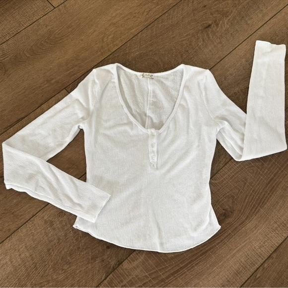 Women's White Soft Ribbed Henley V Neck Pull Over‎ Long Sleeve S Scandi Coastal - Picture 2 of 8